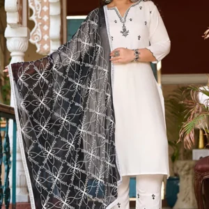 Plus Size Classic White & Black Embroidered Kurta with Dupatta