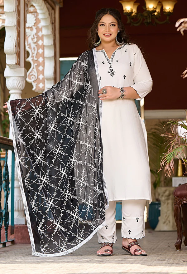 Plus Size Classic White & Black Embroidered Kurta with Dupatta