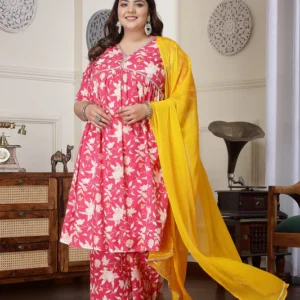 Pink Floral Kurta Set with Yellow Dupatta