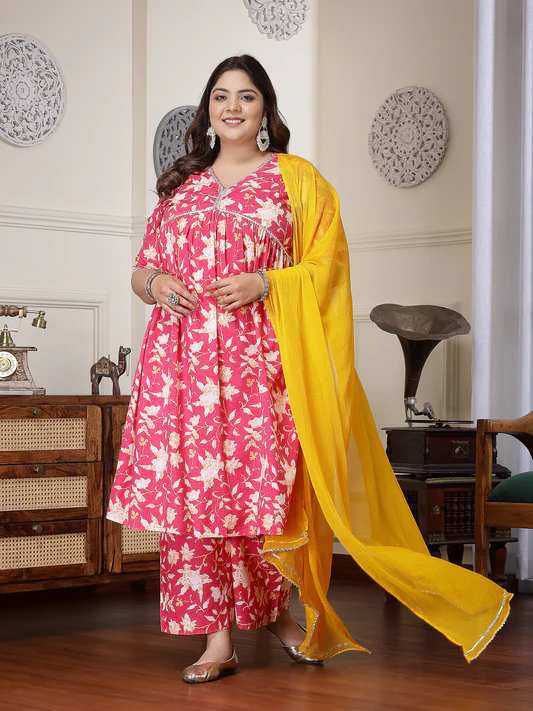 Pink Floral Kurta Set with Yellow Dupatta