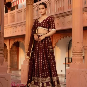 Wine Embroidery Lehenga Set